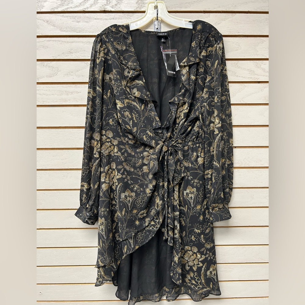 Torrid Wrap Black Top with Gold Floral Accents